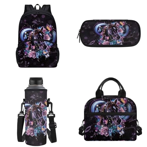 Chririnla Grundschulrucksack, 4 Stück, Schultasche und Lunchtasche, isolierte Lunchtasche, Stifttasche, Flaschentragetasche für Jungen und Mädchen, pferd, Kinderrucksack von Chririnla