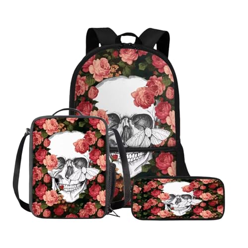 Chririnla Kinder-Rucksack, Jungen, Mädchen, Cartoon-Schultasche, Vorschule, Büchertasche, Lunchbag, Federmäppchen, Reisetaschen, Wanderrucksack, 3-teilig, Totenkopf rote Rose Schmetterling, von Chririnla