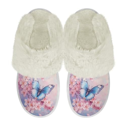 Chririnla Kirschblüte Schmetterling Hausschuhe für Frauen Warme Fuzzy Hausschuhe Antirutsch Haus Hausschuhe Winterschuhe Rosa Blume Schmetterling Schuhe,40-41EU von Chririnla