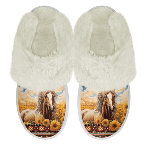Chririnla Pferd Hausschuhe Womens Fuzzy Hausschuhe Bequeme Warme Winter Hausschuhe Western Pferd Sonnenblumen Hausschuhe Home Schuhe mit Anti Rutsch Sohle,42-43EU von Chririnla