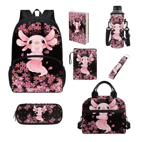 Chririnla Schüler-Schultaschen-Set, 7-teilig, Federmäppchen, Lunchbox, Flaschentasche, Buchhülle, komplettes Set, Jungen, Mädchen, Rucksack für die Schule, Axolotls und Pink Cherry Blossom, von Chririnla