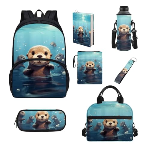 Chririnla Schüler-Schultaschen-Set, 7-teilig, Federmäppchen, Lunchbox, Flaschentasche, Buchhülle, komplettes Set, Jungen, Mädchen, Rucksack für die Schule, Cartoon-Otter, Kinderrucksack von Chririnla