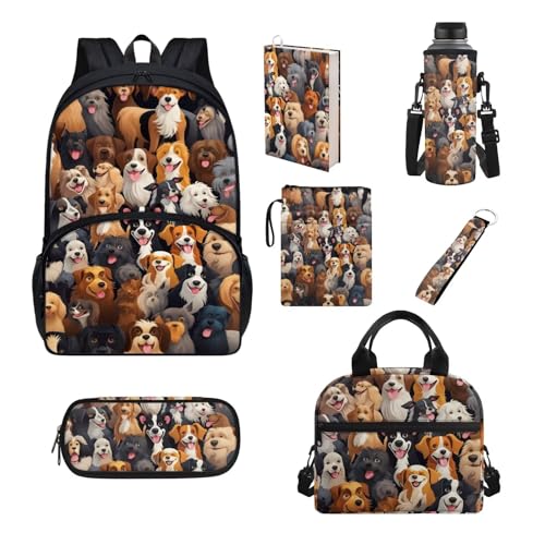 Chririnla Schüler-Schultaschen-Set, 7-teilig, Federmäppchen, Lunchbox, Flaschentasche, Buchhülle, komplettes Set, Jungen, Mädchen, Rucksack für die Schule, Hundeaufdruck, Kinderrucksack von Chririnla