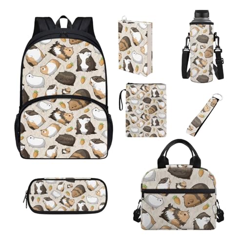 Chririnla Schüler-Schultaschen-Set, 7-teilig, Federmäppchen, Lunchbox, Flaschentasche, Buchhülle, komplettes Set, Jungen, Mädchen, Rucksack für die Schule, Meerschweinchen, Kinderrucksack von Chririnla