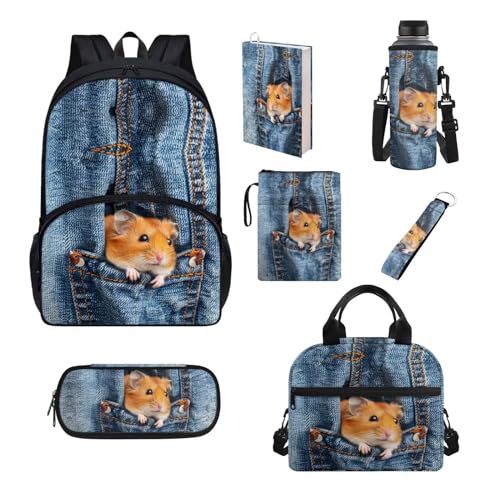 Chririnla Schüler-Schultaschen-Set, 7-teilig, Federmäppchen, Lunchbox, Flaschentasche, Buchhülle, komplettes Set, Jungen, Mädchen, Rucksack für die Schule, Meerschweinchen im Taschenformat, von Chririnla