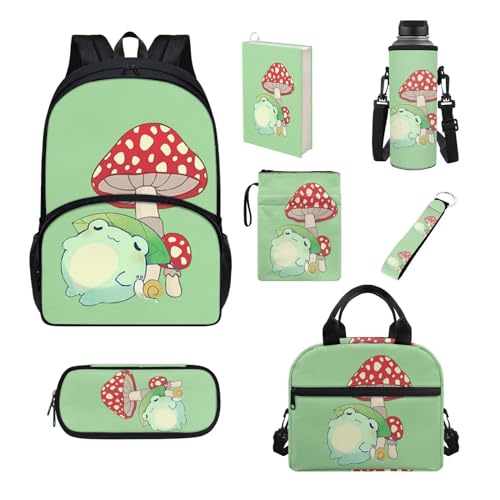 Chririnla Schüler-Schultaschen-Set, 7-teilig, Federmäppchen, Lunchbox, Flaschentasche, Buchhülle, komplettes Set, Jungen, Mädchen, Rucksack für die Schule, Niedlicher Froschpilz, Kinderrucksack von Chririnla