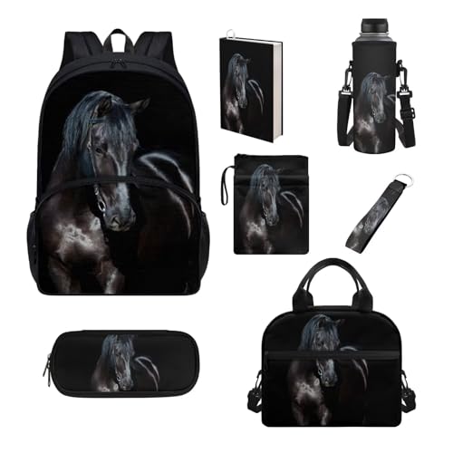 Chririnla Schüler-Schultaschen-Set, 7-teilig, Federmäppchen, Lunchbox, Flaschentasche, Buchhülle, komplettes Set, Jungen, Mädchen, Rucksack für die Schule, Schwarzes Pferd, Kinderrucksack von Chririnla