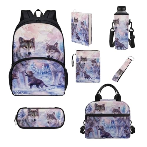 Chririnla Schüler-Schultaschen-Set, 7-teilig, Federmäppchen, Lunchbox, Flaschentasche, Buchhülle, komplettes Set, Jungen, Mädchen, Rucksack für die Schule, Wolf Familie, Kinderrucksack von Chririnla