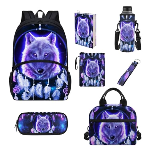 Chririnla Schüler-Schultaschen-Set, 7-teilig, Federmäppchen, Lunchbox, Flaschentasche, Buchhülle, komplettes Set, Jungen, Mädchen, Rucksack für die Schule, Wolf Traumfänger, Kinderrucksack von Chririnla