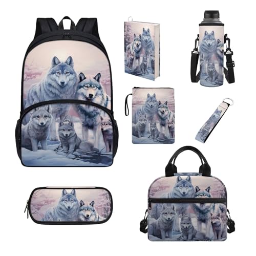 Chririnla Schüler-Schultaschen-Set, 7-teilig, Federmäppchen, Lunchbox, Flaschentasche, Buchhülle, komplettes Set, Jungen, Mädchen, Rucksack für die Schule, Wolfstier, Kinderrucksack von Chririnla