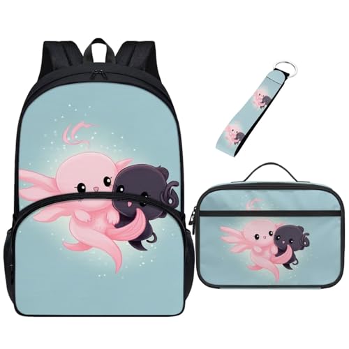 Chririnla Schulrucksack-Set für Kinder, 3-teilig, Büchertasche + Lunchbag + Schlüsselanhänger, Schulbedarf für Jungen und Mädchen, Vorschultasche, Axolotl, Tagesrucksäcke von Chririnla