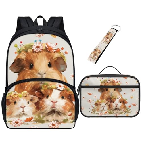 Chririnla Schulrucksack-Set für Kinder, 3-teilig, Büchertasche + Lunchbag + Schlüsselanhänger, Schulbedarf für Jungen und Mädchen, Vorschultasche, Meerschweinchen-Blume, Tagesrucksäcke von Chririnla