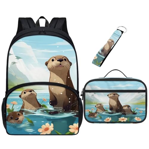 Chririnla Schulrucksack-Set für Kinder, 3-teilig, Büchertasche + Lunchbag + Schlüsselanhänger, Schulbedarf für Jungen und Mädchen, Vorschultasche, Niedlicher Otter und Blume, Tagesrucksäcke von Chririnla