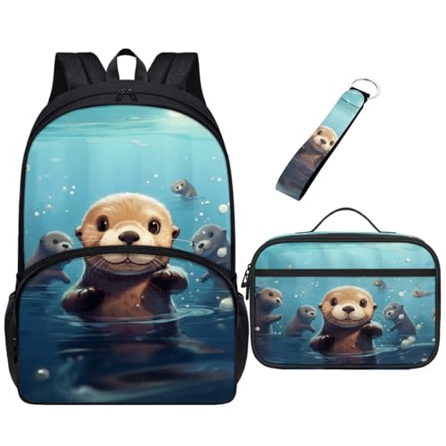 Chririnla Schulrucksack-Set für Kinder, 3-teilig, Büchertasche + Lunchbag + Schlüsselanhänger, Schulbedarf für Jungen und Mädchen, Vorschultasche, otter, Tagesrucksäcke von Chririnla