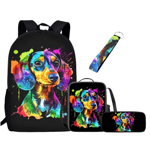 Chririnla Schultasche für Jungen und Mädchen, Lunchbox, Federmäppchen, Schlüsselanhänger, 4 Stück Kinder-Rucksack, Bunter Dackel-Hund, Tagesrucksäcke von Chririnla