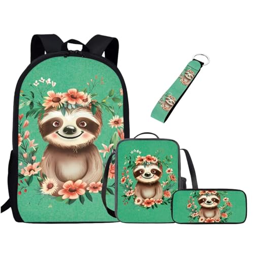 Chririnla Schultasche für Jungen und Mädchen, Lunchbox, Federmäppchen, Schlüsselanhänger, 4 Stück Kinder-Rucksack, Faultier Floral Green, Tagesrucksäcke von Chririnla