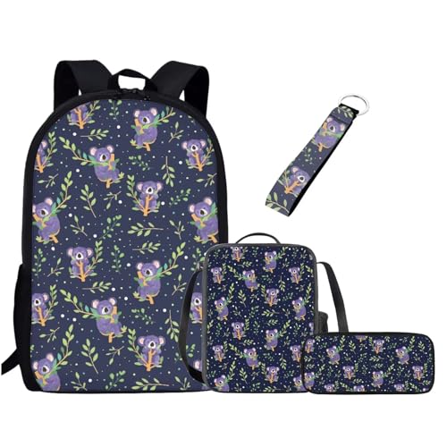 Chririnla Schultasche für Jungen und Mädchen, Lunchbox, Federmäppchen, Schlüsselanhänger, 4 Stück Kinder-Rucksack, Koala, Tagesrucksäcke von Chririnla