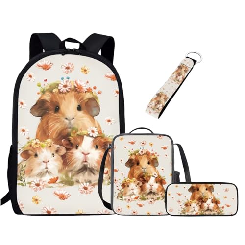 Chririnla Schultasche für Jungen und Mädchen, Lunchbox, Federmäppchen, Schlüsselanhänger, 4 Stück Kinder-Rucksack, Meerschweinchen, Tagesrucksäcke von Chririnla