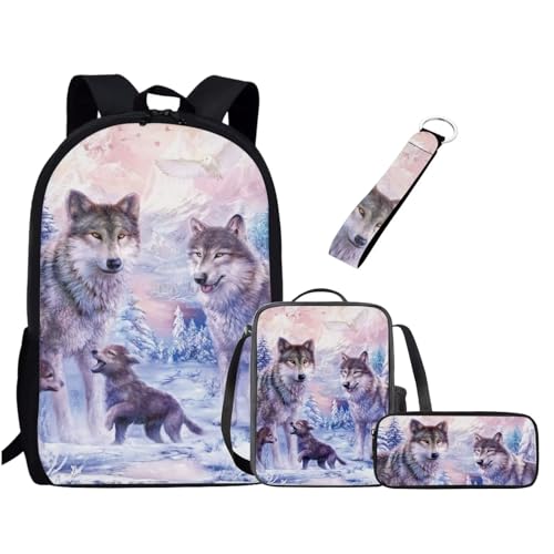 Chririnla Schultasche für Jungen und Mädchen, Lunchbox, Federmäppchen, Schlüsselanhänger, 4 Stück Kinder-Rucksack, Wölfe, Tagesrucksäcke von Chririnla