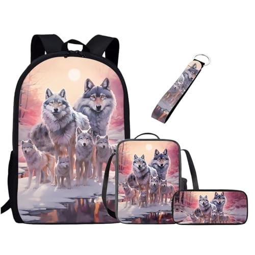 Chririnla Schultasche für Jungen und Mädchen, Lunchbox, Federmäppchen, Schlüsselanhänger, 4 Stück Kinder-Rucksack, Wolf Family Animal, Tagesrucksäcke von Chririnla