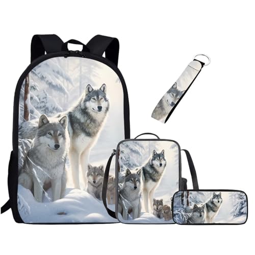 Chririnla Schultasche für Jungen und Mädchen, Lunchbox, Federmäppchen, Schlüsselanhänger, 4 Stück Kinder-Rucksack, Wolfsdruck, Tagesrucksäcke von Chririnla