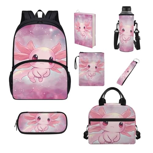 Chririnla Schultaschen-Set für Jungen und Mädchen, isolierte Lunchtasche, Stifttasche, Schlüsselanhänger, Buchhülle, Flaschentasche, Schulanfang, 7-teilig, Axolotl, Kinderrucksack von Chririnla