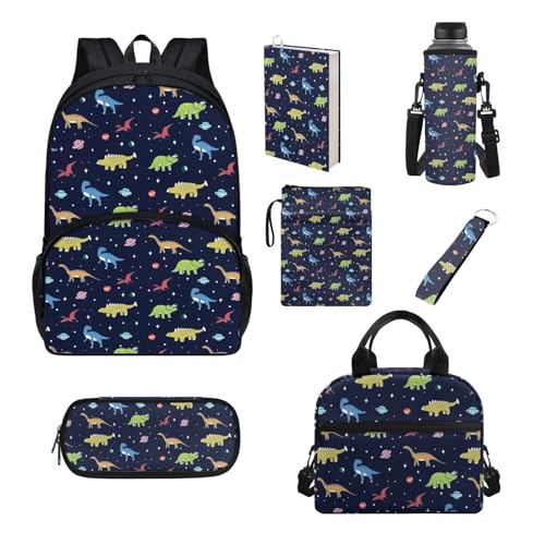 Chririnla Schultaschen-Set für Jungen und Mädchen, isolierte Lunchtasche, Stifttasche, Schlüsselanhänger, Buchhülle, Flaschentasche, Schulanfang, 7-teilig, Cartoon Dinosaurier, Kinderrucksack von Chririnla