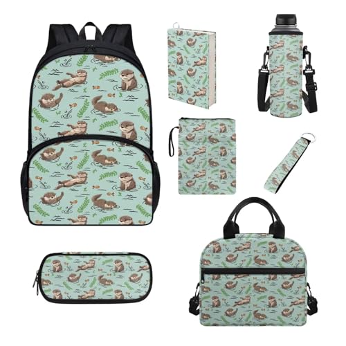 Chririnla Schultaschen-Set für Jungen und Mädchen, isolierte Lunchtasche, Stifttasche, Schlüsselanhänger, Buchhülle, Flaschentasche, Schulanfang, 7-teilig, Cartoon-Otter, Kinderrucksack von Chririnla