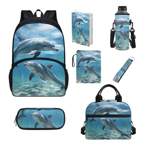 Chririnla Schultaschen-Set für Jungen und Mädchen, isolierte Lunchtasche, Stifttasche, Schlüsselanhänger, Buchhülle, Flaschentasche, Schulanfang, 7-teilig, Delfin, Kinderrucksack von Chririnla