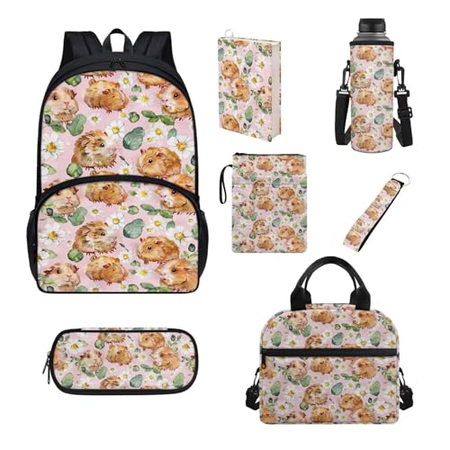 Chririnla Schultaschen-Set für Jungen und Mädchen, isolierte Lunchtasche, Stifttasche, Schlüsselanhänger, Buchhülle, Flaschentasche, Schulanfang, 7-teilig, Meerschweinchen, Kinderrucksack von Chririnla