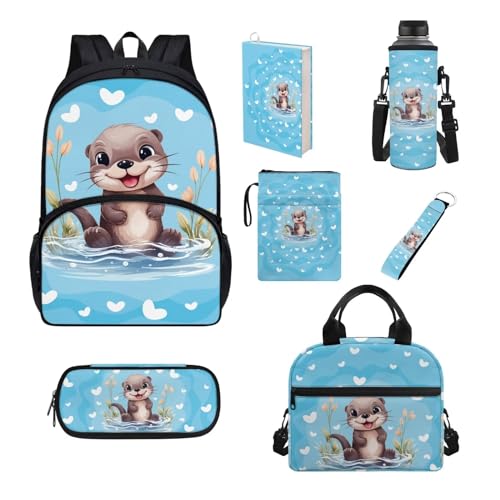 Chririnla Schultaschen-Set für Jungen und Mädchen, isolierte Lunchtasche, Stifttasche, Schlüsselanhänger, Buchhülle, Flaschentasche, Schulanfang, 7-teilig, Niedlicher Meerestier-Otter, Kinderrucksack von Chririnla