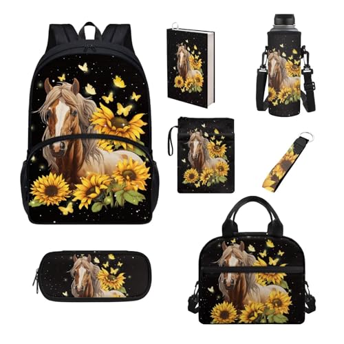 Chririnla Schultaschen-Set für Jungen und Mädchen, isolierte Lunchtasche, Stifttasche, Schlüsselanhänger, Buchhülle, Flaschentasche, Schulanfang, 7-teilig, Sonnenblume, Kinderrucksack von Chririnla