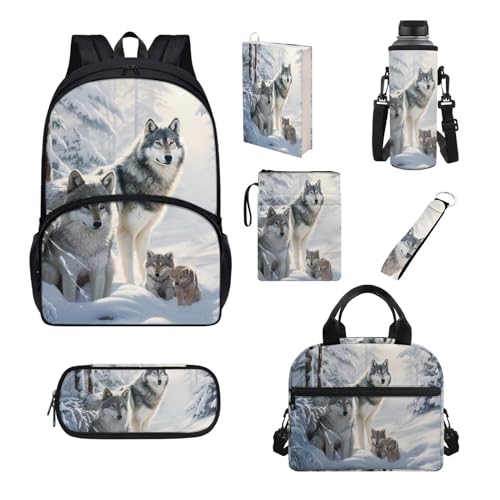 Chririnla Schultaschen-Set für Jungen und Mädchen, isolierte Lunchtasche, Stifttasche, Schlüsselanhänger, Buchhülle, Flaschentasche, Schulanfang, 7-teilig, Wolfstier, Kinderrucksack von Chririnla