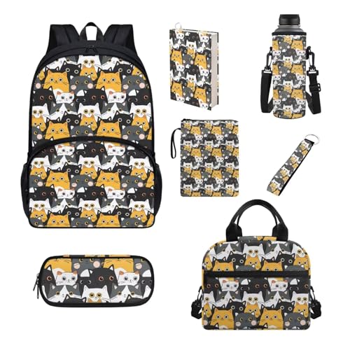 Chririnla Schultaschen-Set für Jungen und Mädchen, isolierte Lunchtasche, Stifttasche, Schlüsselanhänger, Buchhülle, Flaschentasche, Schulanfang, 7-teilig, katze, Kinderrucksack von Chririnla