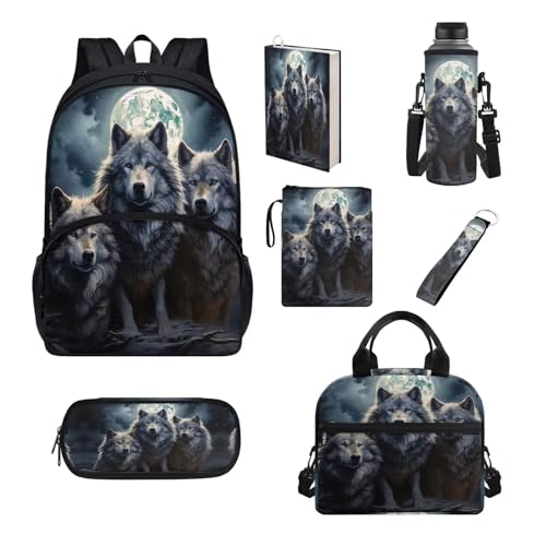 Chririnla Schultaschen-Set für Jungen und Mädchen, isolierte Lunchtasche, Stifttasche, Schlüsselanhänger, Buchhülle, Flaschentasche, Schulanfang, 7-teilig, wolf, Kinderrucksack von Chririnla