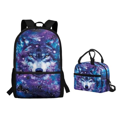 Chririnla Vorschulrucksack-Set für Jungen, Mädchen, Kinder, Schul-Büchertasche mit Lunchtasche, verstellbarem Riemen, Lunch-Tragetaschen, 2 Stück, Galaxy Wolf, Tagesrucksäcke von Chririnla