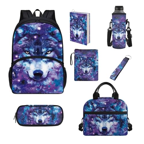 Chririnla Wolf Schultasche für Jungen, Mädchen, Teenager, Galaxie, Wolf, Rucksack, Buchhülle, Lunchbox, Federmäppchen, Schlüsselanhänger, wolf, Kinderrucksack von Chririnla