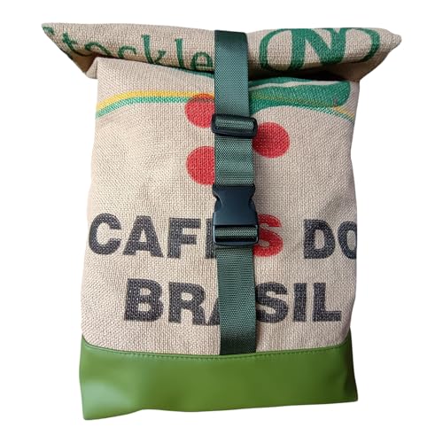 VanDerElv-Roll Top Rucksack, für Herren und Damen, 30 L Fassungsvermögen, Upcycling, aus Hamburger Kaffeesack, 100% Handarbeit, faire Herstellung, nachhaltig, vegan, Stadtrucksack (Hellgrün) von Chris van der Elv