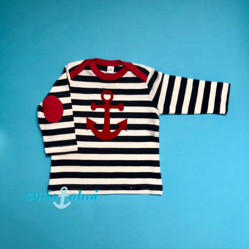 Baby Langarm-Shirt Mit Rotem Anker in Blau/Weiß Geringelt von ChrisAhoiShop
