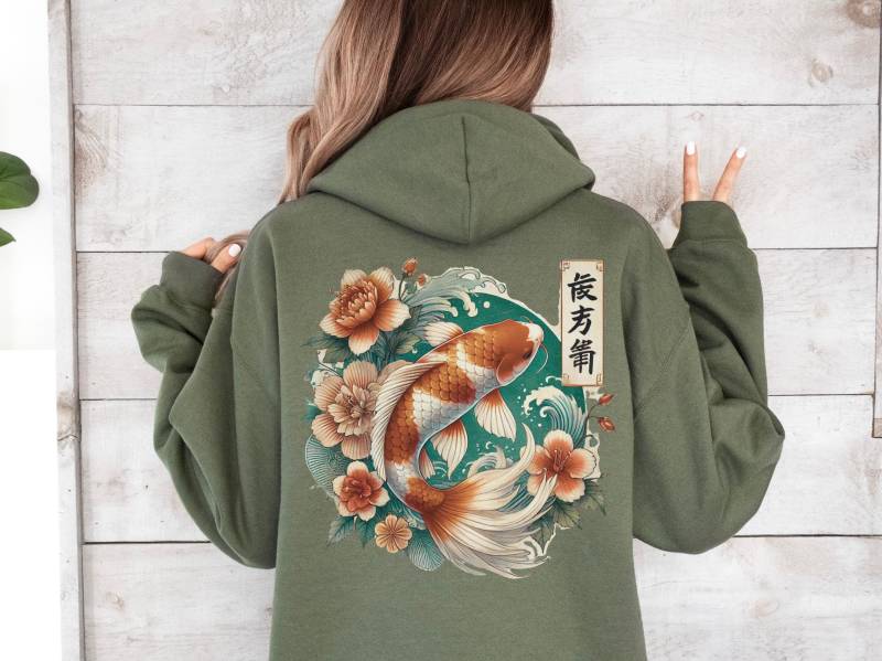 Cozy Vintage Japanese Koi Fish Hoodie Nautical Animal Asian Art Nouveau Japan Hooded Sweater Pond Top Urban Unisex Spring Shirt Tokyo Style von ChrisArtisticShop