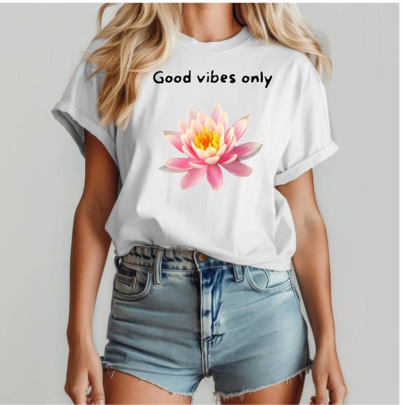 Weißes T-Shirt Mit Lotus Blüte Und Text Good Vibes Only, Yoga Shirt, Damen Aus Reiner Baumwolle Weißes T-Shirt Mit Lotus Blüte Und Text Good Vibes Only, Yoga Shirt, Damen Aus Reiner Baumwolle von ChrisCaArt
