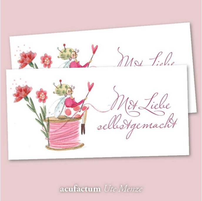 2 Aufnäher -Fadenspiel-Mit Liebe Selbstgemacht - 70 X 30mm Acufactum Silke Leffler Webetikett Label Flicken Patch von ChrisKaaDesign