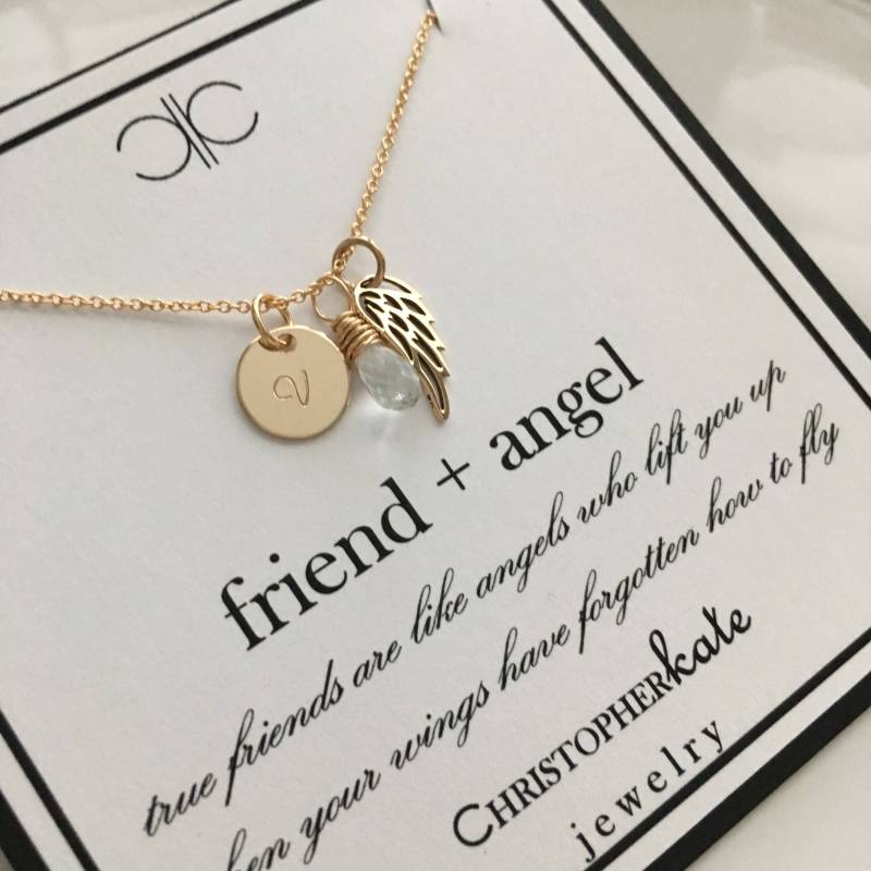 Personalisierte Monogramm Freund Engel Flügel Halskette Mit Edelstein/Birthstone Briolette Schwester, Freundin, Gold Personalisierte Monogramm Freund Engel Flügel Halskette Mit Edelstein/Birthstone Briolette Schwester, Freundin, Gold von ChrisKateJewelry