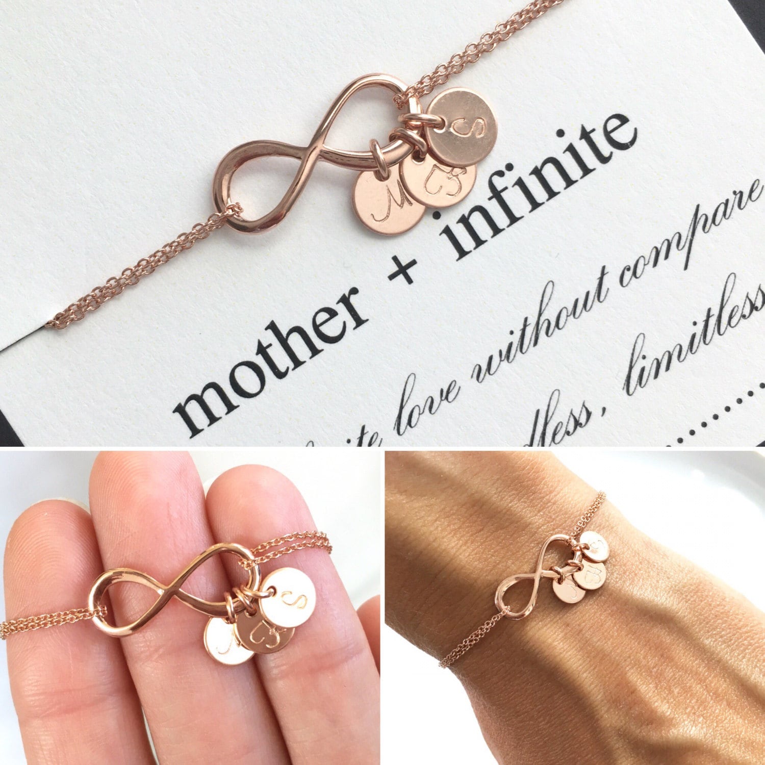 Rosegold Mutter Infinity Armband Mit Monogramm Charms ....mutter, Tochter, Sohn, Braut, Schwester Rosegold Mutter Infinity Armband Mit Monogramm Charms ....mutter, Tochter, Sohn, Braut, Schwester von ChrisKateJewelry