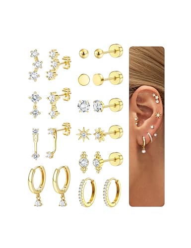 Chriscoco 10 Paar Ohrringe Gold Set Für Damen - Medizinische Ohrstecker Chirurgenstahl Ohrringe Set Hypoallergene 14K Vergoldet Helix Piercings Creolen Conch Tragu Piercing Ohr Gold/Silber von Chriscoco