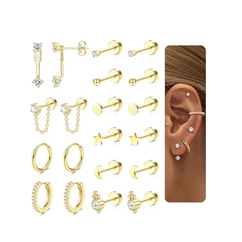 Chriscoco 10Paar Ohrringe Set Gold Chirurgenstahl Ohrringe Damen Medizinische Ohrstecker Creolen Silber Hypoallergene Piercing Ohr Knorpel Tragus Helix Piercings von Chriscoco