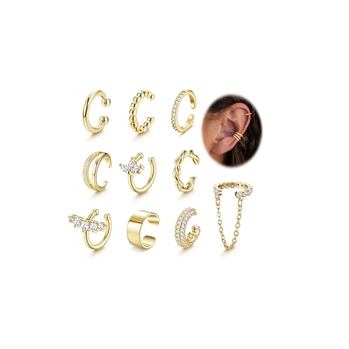 Chriscoco 10pcs Ear Cuff Gold/Silber für Damen Fake Ohrringe Set Clip Ohrringe Ohne Ohrloch Ohrclips Earcuffs Gold Ohrmanschette Fake Helix Piercing Knorpel Wrap Cuff Ohrklemme von Chriscoco