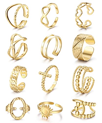 Chriscoco 12 Stück Verstellbar Ringe Set Edelstahl Ringe Frauen Vintage Edelstahlringe Boho Freundschaftsringe Stapelbare Damen Kinderringe Mädchen Ringe Gold Frauen von Chriscoco