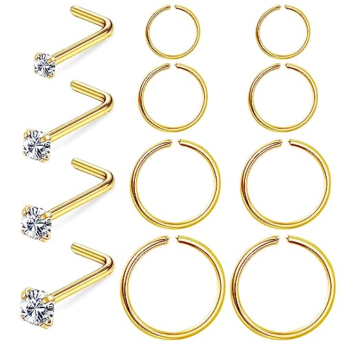 Chriscoco 12 Stücke 20G Nasenpiercing für Damen Herren G23 Titan Nasenring Nasenringe Hoop CZ L Form Nasenstecker Nasenpiercing Schmuck von Chriscoco