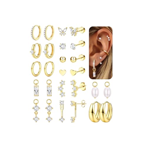 Chriscoco Ohrringe Gold Set Ohrringe Chirurgenstahl Damen Medizinische Ohrstecker Hypoallergene Creolen mit Anhänger Tragus Helix Piercings Piercing Ohr Gold/Silber von Chriscoco
